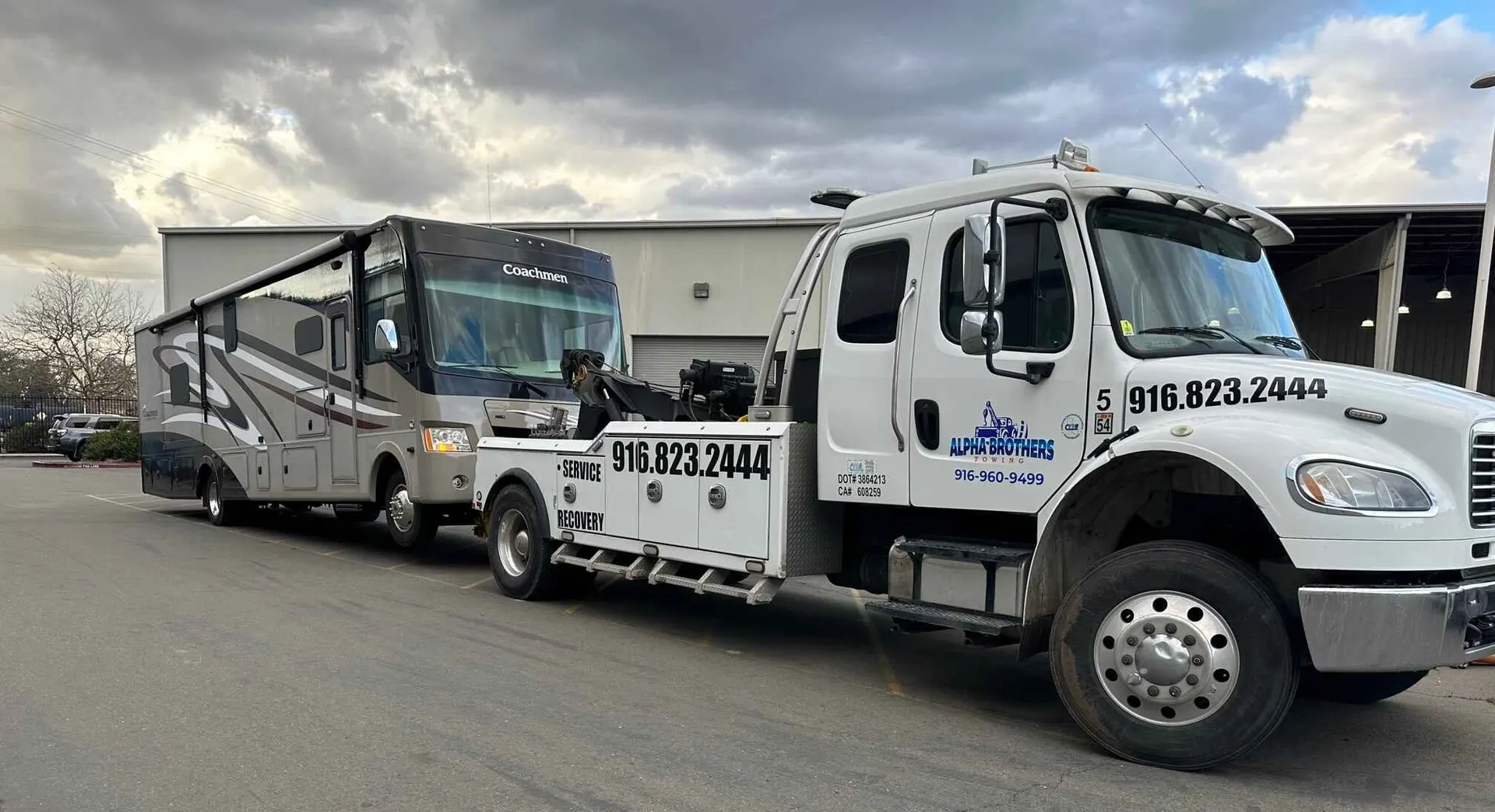 Alpha Brothers towing an RV and travel trailer in Sacramento — 5th wheels and Class A coaches